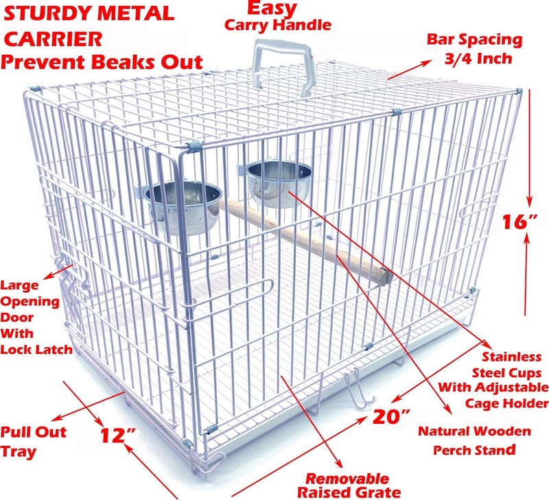 Mcage Travel and Vet Bird Parrot Beaks Proof Metal Cage Carrier Easy Foldable Clean with Stainless Bowls and Wooden Stand Perch - Image 1